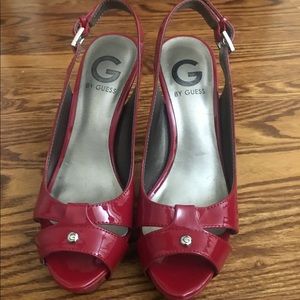 Guess red patent leather platform slingback heels